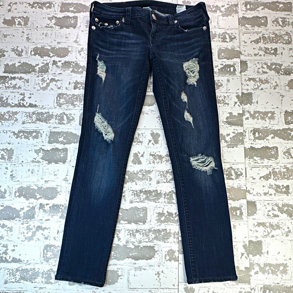 True Religion Jeans Womens 28 Skinny Distressed Ripped Dark Wash Flap Pocket
